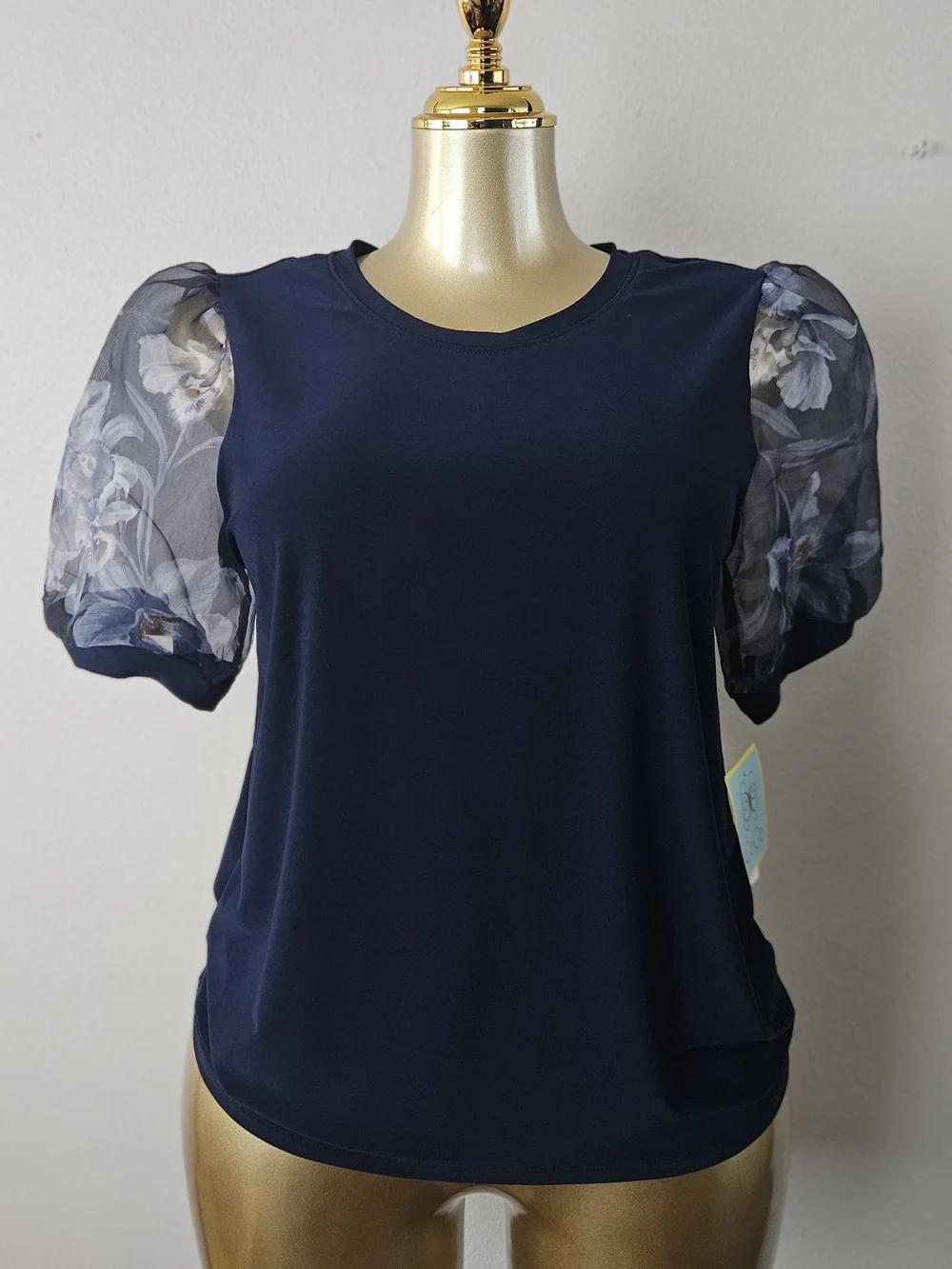 CeCe Navy Top with Sheer Floral Puff Sleeves